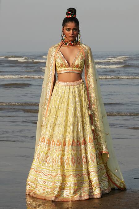 Buy_Gopi Vaid_Yellow Georgette And Organza Ikat & Sequin V Alia Embroidered Cape Lehenga Set _Online_at_Aza_Fashions