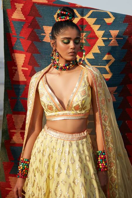Shop_Gopi Vaid_Yellow Georgette And Organza Ikat & Sequin V Alia Embroidered Cape Lehenga Set _at_Aza_Fashions