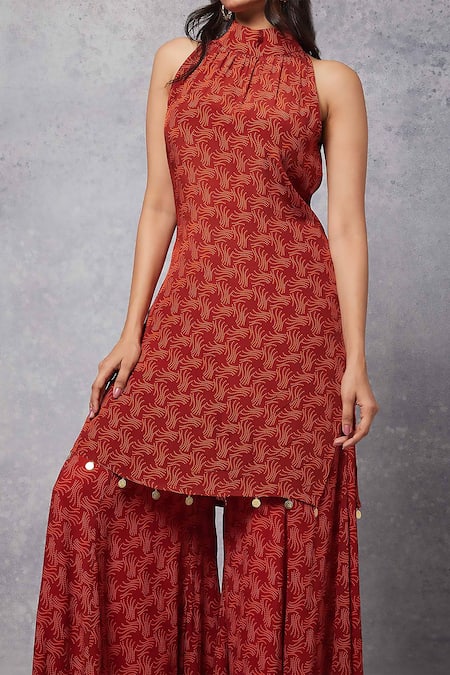 Senren By Eshana Raut_Red Crepe Print Swirl Line Halter Neck Kurta With Sharara _Online_at_Aza_Fashions
