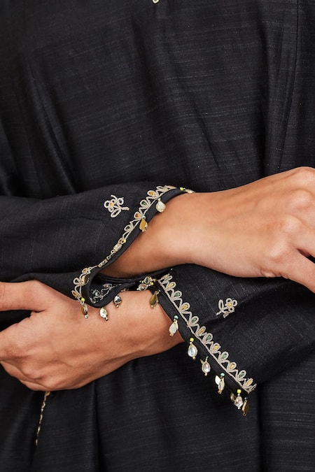 Buy_Sue Mue_Black Tussar, Georgette Zari, Embroidery V-neck Anarkali And Salwar Set _Online_at_Aza_Fashions