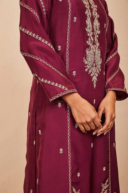 Sue Mue_Wine Silk, Chiffon Embroidery, Zari, Sequins Round Neck Kurta Pant Set _Online_at_Aza_Fashions