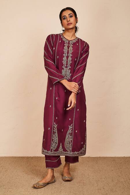 Shop_Sue Mue_Wine Silk, Chiffon Embroidery, Zari, Sequins Round Neck Kurta Pant Set _Online_at_Aza_Fashions
