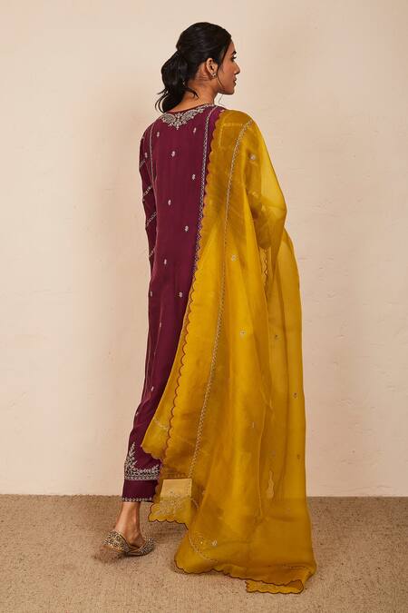 Sue Mue_Wine Silk, Chiffon Embroidery, Zari, Sequins Round Neck Kurta Pant Set _at_Aza_Fashions