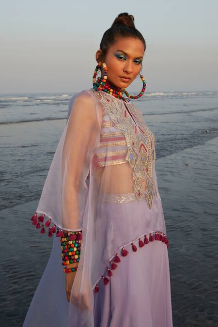 Gopi Vaid_Purple Georgette, Cotton Silk And Organza Ikat & Sequin Tasneem Tunic & Pant Set_Online_at_Aza_Fashions