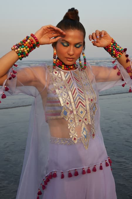 Buy_Gopi Vaid_Purple Georgette, Cotton Silk And Organza Ikat & Sequin Tasneem Tunic & Pant Set_Online_at_Aza_Fashions