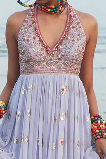 Gopi Vaid_Purple Georgette Ikat, Thread And Sequin Halter Amira Gown _Online_at_Aza_Fashions