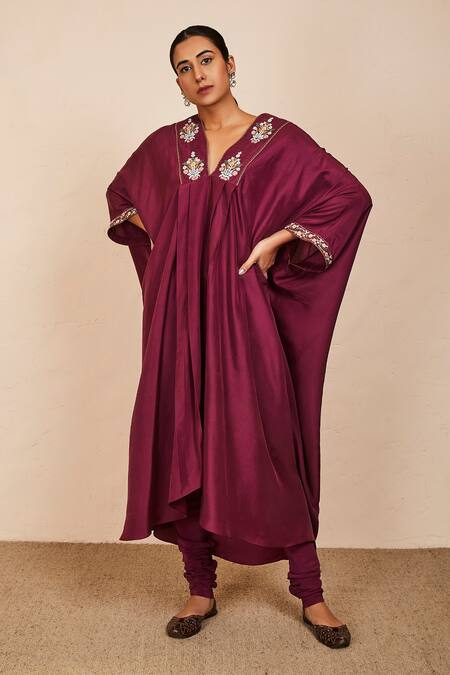 Shop_Sue Mue_Wine Silk, Lycra Zari V-neck Kaya Embroidered Kaftan Set _Online_at_Aza_Fashions