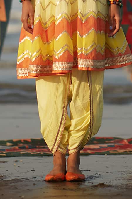Gopi Vaid_Yellow Organza And Cotton Chevron Print & Sequin V Naima Kurta & Dhoti Pant Set_Online_at_Aza_Fashions