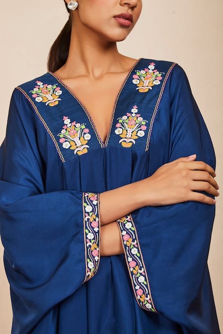 Buy_Sue Mue_Blue Silk, Lycra Embroidery V-neck Kaftan Set _Online_at_Aza_Fashions