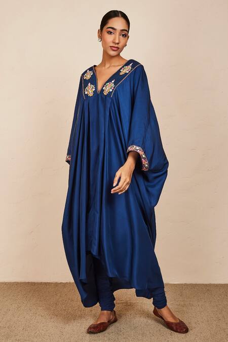 Shop_Sue Mue_Blue Silk, Lycra Embroidery V-neck Kaftan Set _Online_at_Aza_Fashions