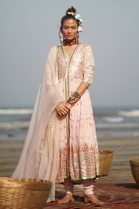 Gopi Vaid Pink Georgette, Lycra And Net Ikat & Sequin V Neck Aziza Anarkali Set Online at Aza Fashions Gopi Vaid_Pink Georgette, Lycra And Net Ikat & Sequin V Neck Aziza Anarkali Set_Online_at_Aza_Fashions