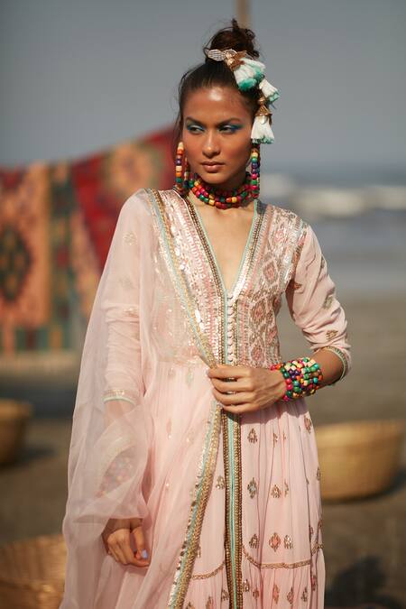 Shop Gopi Vaid Pink Georgette, Lycra And Net Ikat & Sequin V Neck Aziza Anarkali Set Online at Aza Fashions Shop_Gopi Vaid_Pink Georgette, Lycra And Net Ikat & Sequin V Neck Aziza Anarkali Set_Online_at_Aza_Fashions