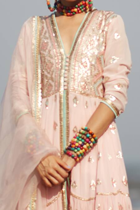 Gopi Vaid Pink Georgette, Lycra And Net Ikat & Sequin V Neck Aziza Anarkali Set at Aza Fashions Gopi Vaid_Pink Georgette, Lycra And Net Ikat & Sequin V Neck Aziza Anarkali Set_at_Aza_Fashions