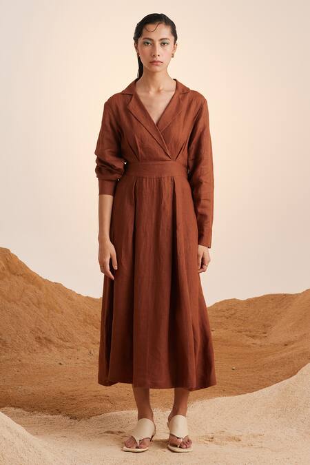 Buy Cord Brown Linen Collared 60s Solid Dress Online at Aza Fashions Buy_Cord_Brown Linen Collared 60s Solid Dress_Online_at_Aza_Fashions