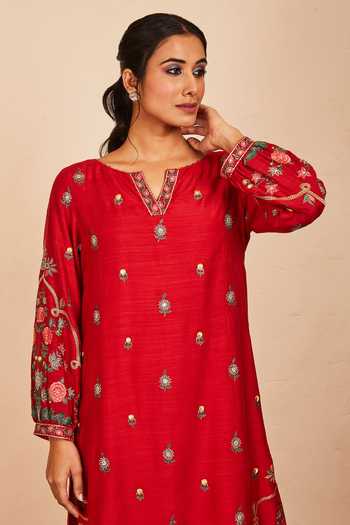 Sue Mue_Red Lycra, Georgette, Organza, Tussar Embroidery, Tassels Ardita Kurta Set _Online_at_Aza_Fashions
