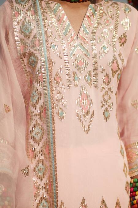 Gopi Vaid_Pink Georgette And Organza Ikat & Sequin Notched Sara Kurta Sharara Set_Online_at_Aza_Fashions