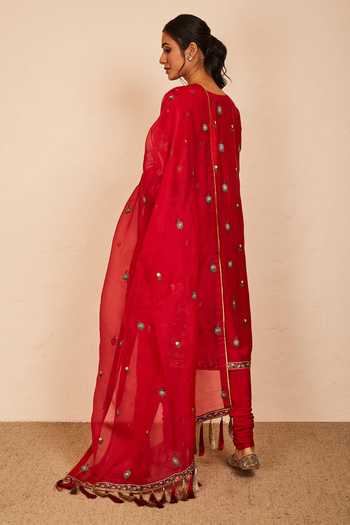 Buy_Sue Mue_Red Lycra, Georgette, Organza, Tussar Embroidery, Tassels Ardita Kurta Set 