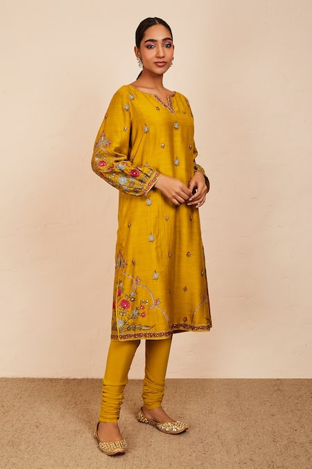 Shop Sue Mue Yellow Tussar, Georgette, Lycra, Crepe, Organza Embroidery, Gada Kurta Set Online at Aza Fashions Shop_Sue Mue_Yellow Tussar, Georgette, Lycra, Crepe, Organza Embroidery, Gada Kurta Set _Online_at_Aza_Fashions