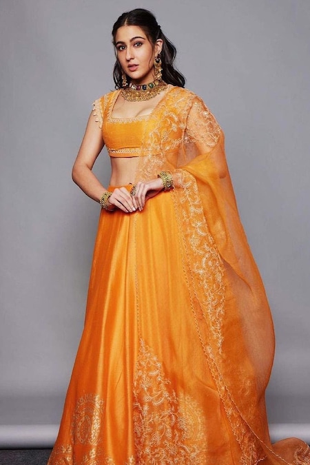 Devnaagri Orange Chanderi Embroidered Sequins Scoop Hand Block Print Lehenga Set 