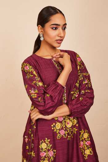 Sue Mue_Wine Tussar, Georgette, Organza Embroidery, Tassels Round Gada Kurta Salwar Set _Online_at_Aza_Fashions