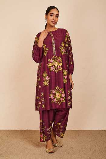 Buy_Sue Mue_Wine Tussar, Georgette, Organza Embroidery, Tassels Round Gada Kurta Salwar Set _Online_at_Aza_Fashions