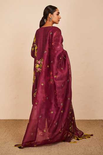 Shop_Sue Mue_Wine Tussar, Georgette, Organza Embroidery, Tassels Round Gada Kurta Salwar Set _Online_at_Aza_Fashions