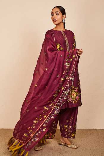 Sue Mue_Wine Tussar, Georgette, Organza Embroidery, Tassels Round Gada Kurta Salwar Set _at_Aza_Fashions