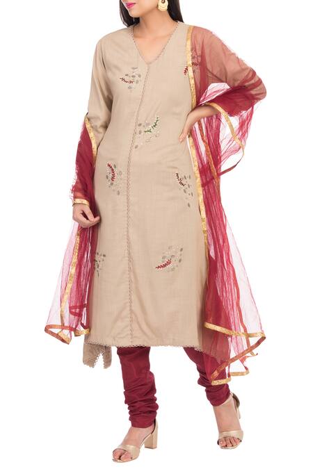 Adara Khan_Beige Thread Embroidered Kurta Churidar Set_Online_at_Aza_Fashions