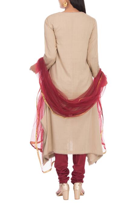 Shop_Adara Khan_Beige Thread Embroidered Kurta Churidar Set_at_Aza_Fashions