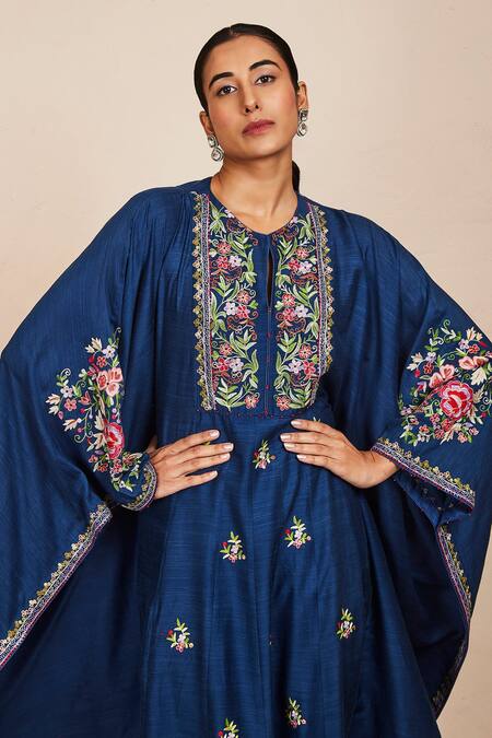 Sue Mue_Blue Tussar, Georgette, Lycra Embroidery Round Neck Navya Floral Kaftan Set _Online_at_Aza_Fashions