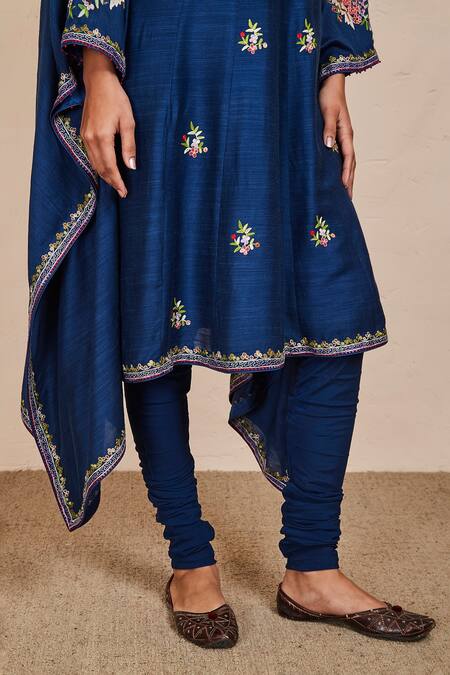 Buy_Sue Mue_Blue Tussar, Georgette, Lycra Embroidery Round Neck Navya Floral Kaftan Set _Online_at_Aza_Fashions