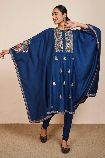 Shop_Sue Mue_Blue Tussar, Georgette, Lycra Embroidery Round Neck Navya Floral Kaftan Set _Online_at_Aza_Fashions