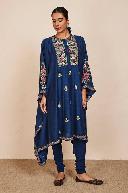 Sue Mue_Blue Tussar, Georgette, Lycra Embroidery Round Neck Navya Floral Kaftan Set _at_Aza_Fashions