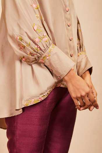Sue Mue Beige , Satin Embroidery Collared Asymmetric Hem Shirt And Pant Set Online at Aza Fashions Sue Mue_Beige , Satin Embroidery Collared Asymmetric Hem Shirt And Pant Set_Online_at_Aza_Fashions