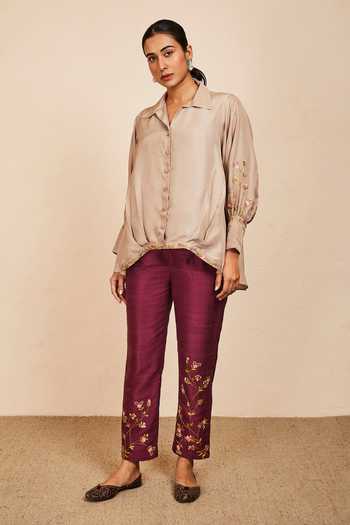 Buy Sue Mue Beige , Satin Embroidery Collared Asymmetric Hem Shirt And Pant Set Online at Aza Fashions Buy_Sue Mue_Beige , Satin Embroidery Collared Asymmetric Hem Shirt And Pant Set_Online_at_Aza_Fashions