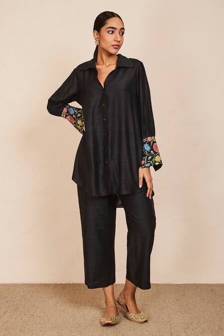 Sue Mue Black Tussar, Georgette Embroidery Saanjh Cuff Sleeved Shirt And Pant Set Online at Aza Fashions Sue Mue_Black Tussar, Georgette Embroidery Saanjh Cuff Sleeved Shirt And Pant Set _Online_at_Aza_Fashions