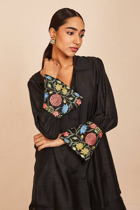 Buy Sue Mue Black Tussar, Georgette Embroidery Saanjh Cuff Sleeved Shirt And Pant Set Online at Aza Fashions Buy_Sue Mue_Black Tussar, Georgette Embroidery Saanjh Cuff Sleeved Shirt And Pant Set _Online_at_Aza_Fashions