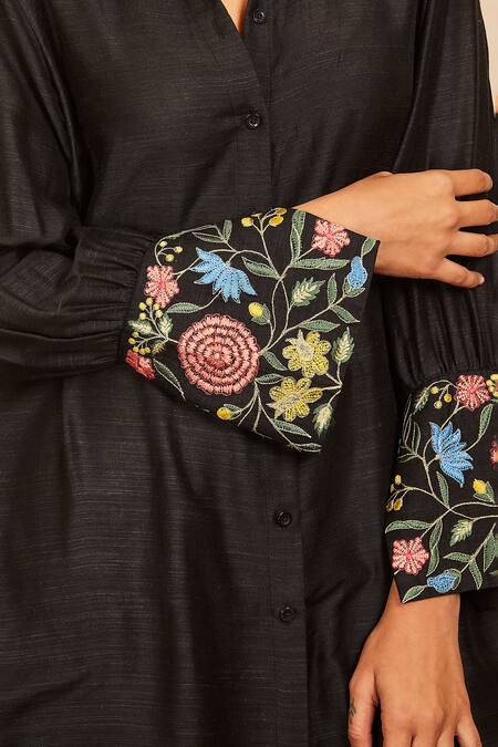 Shop Sue Mue Black Tussar, Georgette Embroidery Saanjh Cuff Sleeved Shirt And Pant Set Online at Aza Fashions Shop_Sue Mue_Black Tussar, Georgette Embroidery Saanjh Cuff Sleeved Shirt And Pant Set _Online_at_Aza_Fashions