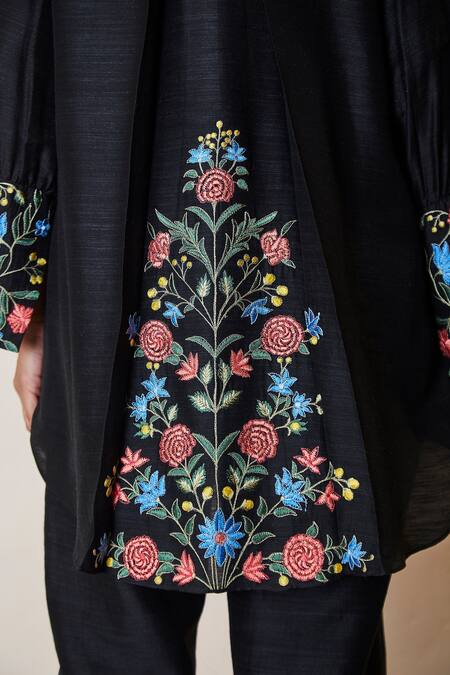 Sue Mue Black Tussar, Georgette Embroidery Saanjh Cuff Sleeved Shirt And Pant Set at Aza Fashions Sue Mue_Black Tussar, Georgette Embroidery Saanjh Cuff Sleeved Shirt And Pant Set _at_Aza_Fashions