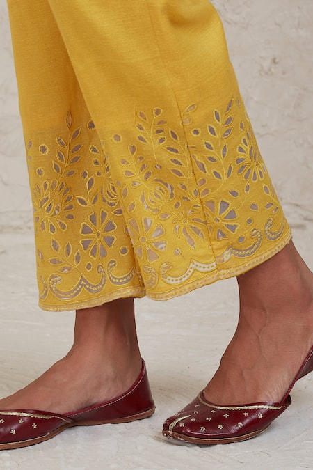 Sue Mue Yellow Chanderi Cut Work Collared Ifza Handwoven Pant Set at Aza Fashions Sue Mue_Yellow Chanderi Cut Work Collared Ifza Handwoven Pant Set _at_Aza_Fashions