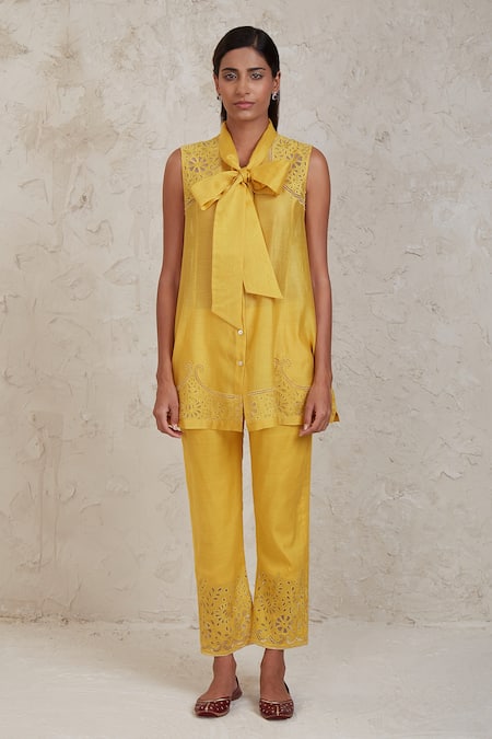 Buy Sue Mue Yellow Chanderi Cut Work Collared Ifza Handwoven Pant Set Buy_Sue Mue_Yellow Chanderi Cut Work Collared Ifza Handwoven Pant Set
