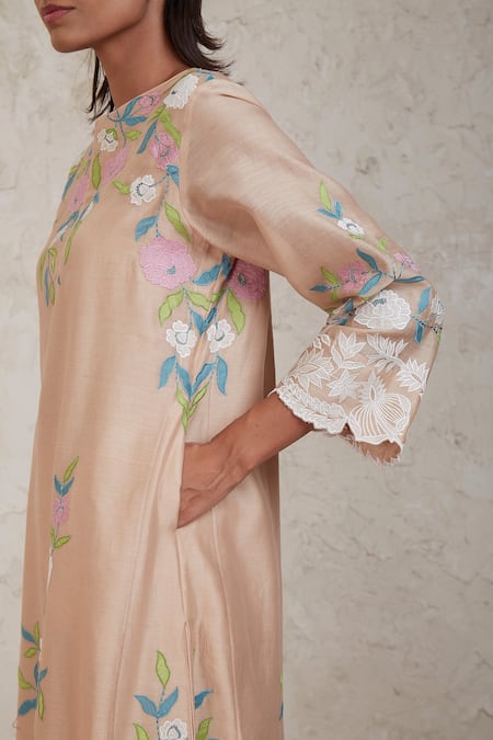 Shop Sue Mue Beige Chanderi Embroidery, Cut Work Aima Handwoven Patchwork Kurta Pant Set Online at Aza Fashions Shop_Sue Mue_Beige Chanderi Embroidery, Cut Work Aima Handwoven Patchwork Kurta Pant Set _Online_at_Aza_Fashions