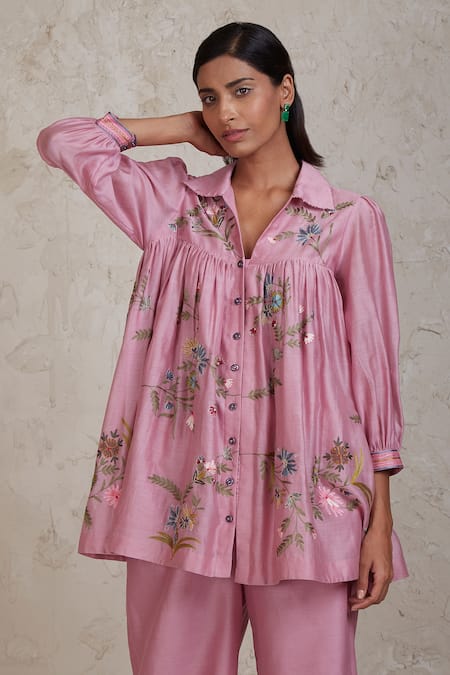 Shop Sue Mue Pink Chanderi Embroidery Collared Sabi Handwoven Culottes Set Online at Aza Fashions Shop_Sue Mue_Pink Chanderi Embroidery Collared Sabi Handwoven Culottes Set _Online_at_Aza_Fashions