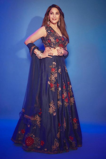 Ridhi Mehra Blue Raw Silk And Net Embroidery Thread & Quinn Floral Lehenga Set 