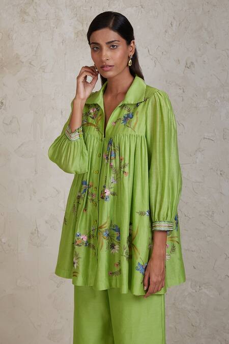 Shop Sue Mue Green Chanderi Applique, Embroidery Sabi Handwoven Shirt And Culottes Set Online at Aza Fashions Shop_Sue Mue_Green Chanderi Applique, Embroidery Sabi Handwoven Shirt And Culottes Set _Online_at_Aza_Fashions