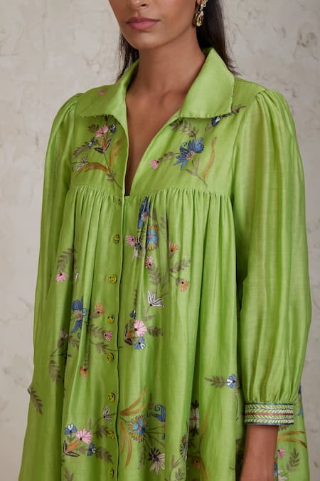 Buy Sue Mue Green Chanderi Applique, Embroidery Sabi Handwoven Shirt And Culottes Set Online at Aza Fashions Buy_Sue Mue_Green Chanderi Applique, Embroidery Sabi Handwoven Shirt And Culottes Set _Online_at_Aza_Fashions