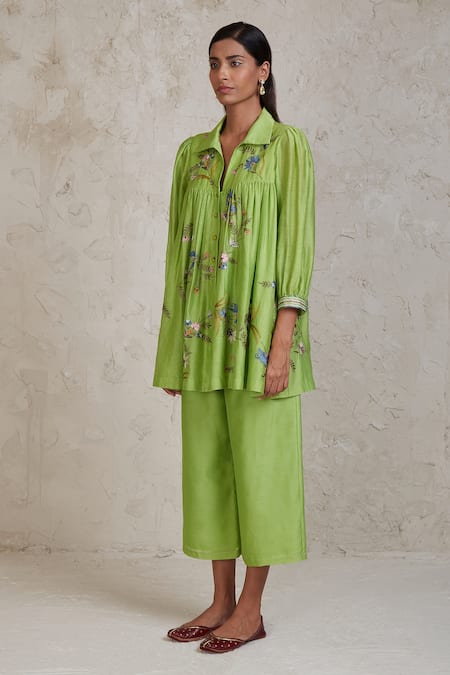 Buy Sue Mue Green Chanderi Applique, Embroidery Sabi Handwoven Shirt And Culottes Set Buy_Sue Mue_Green Chanderi Applique, Embroidery Sabi Handwoven Shirt And Culottes Set