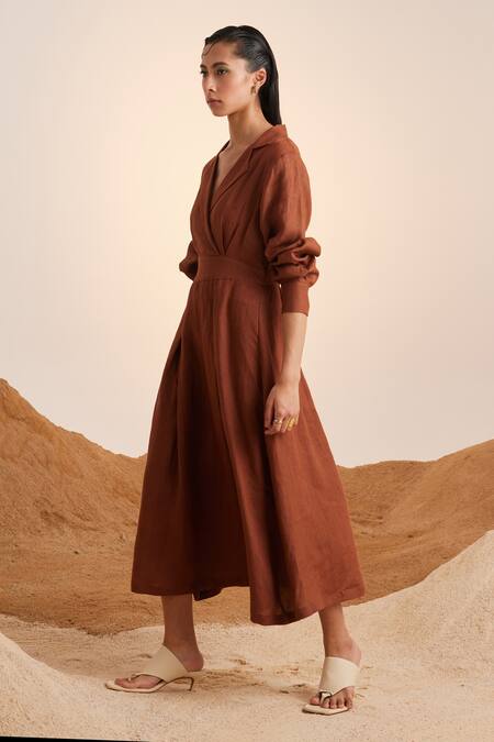 Shop Cord Brown Linen Collared 60s Solid Dress Online at Aza Fashions Shop_Cord_Brown Linen Collared 60s Solid Dress_Online_at_Aza_Fashions