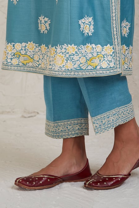 Buy Sue Mue Blue Chanderi Embroidery Umaiza Handwoven Kurta Pant Set Online at Aza Fashions Buy_Sue Mue_Blue Chanderi Embroidery Umaiza Handwoven Kurta Pant Set _Online_at_Aza_Fashions