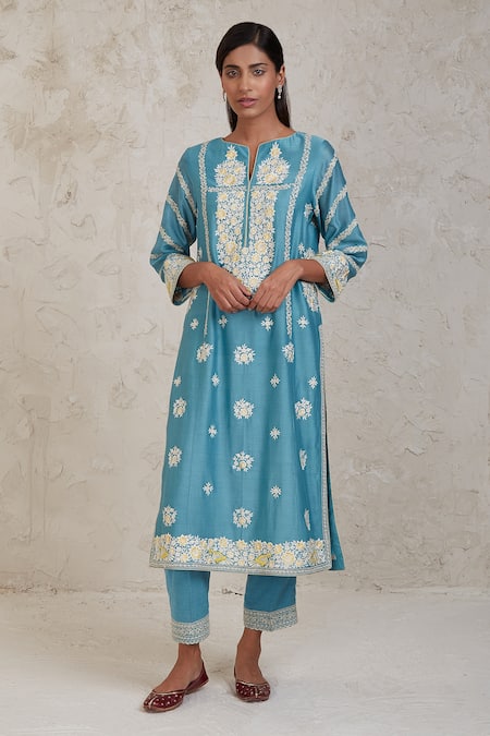 Buy Sue Mue Blue Chanderi Embroidery Umaiza Handwoven Kurta Pant Set Buy_Sue Mue_Blue Chanderi Embroidery Umaiza Handwoven Kurta Pant Set